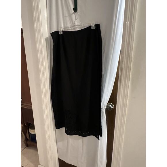 Katherine Kelly Black Irish Linen True Wrap Midi Skirt Floral Cutout Bottom 16 - Picture 1 of 8